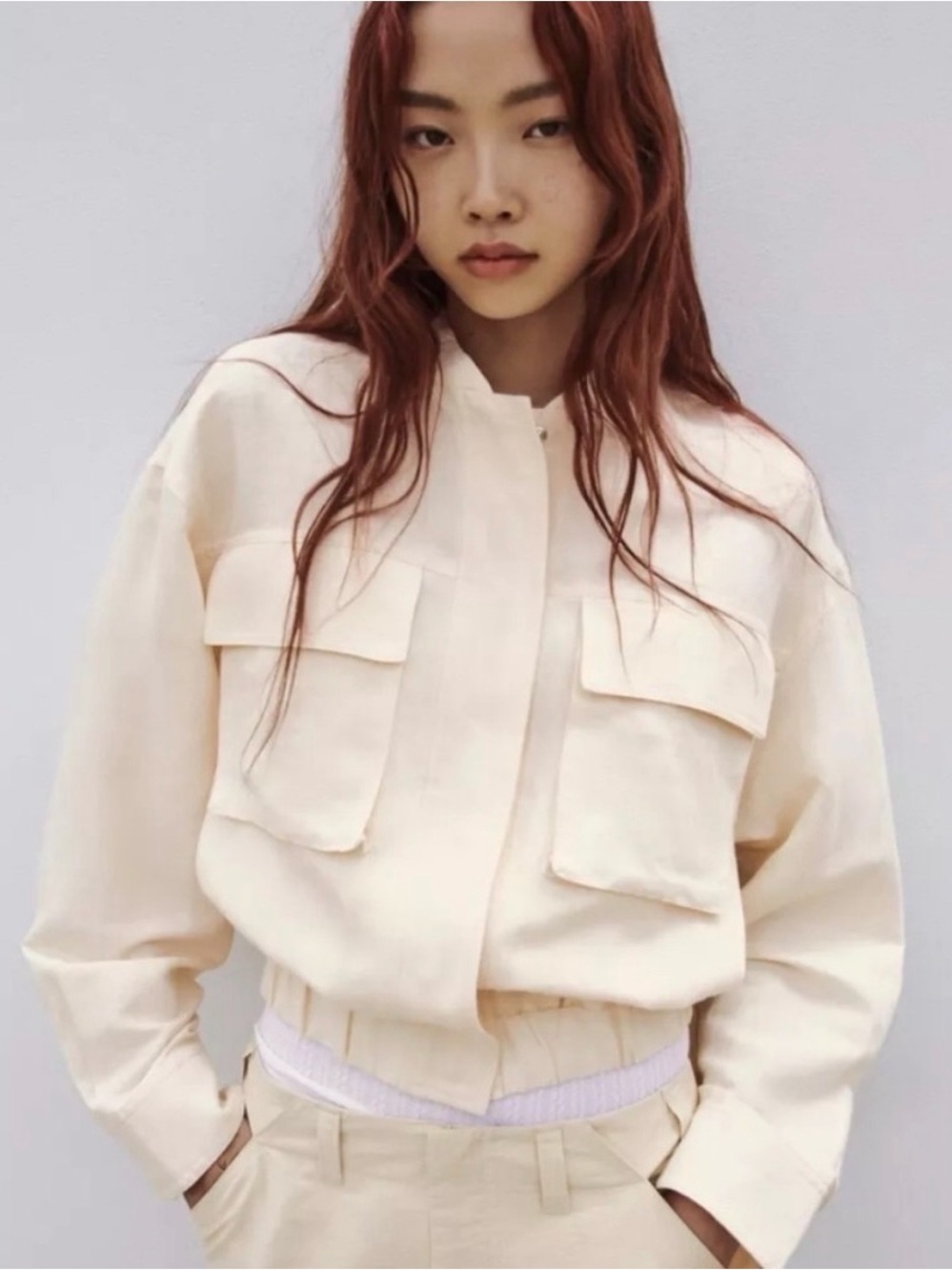 Zara Linen Cotton Utility Bomber Jacket Cream XS/S